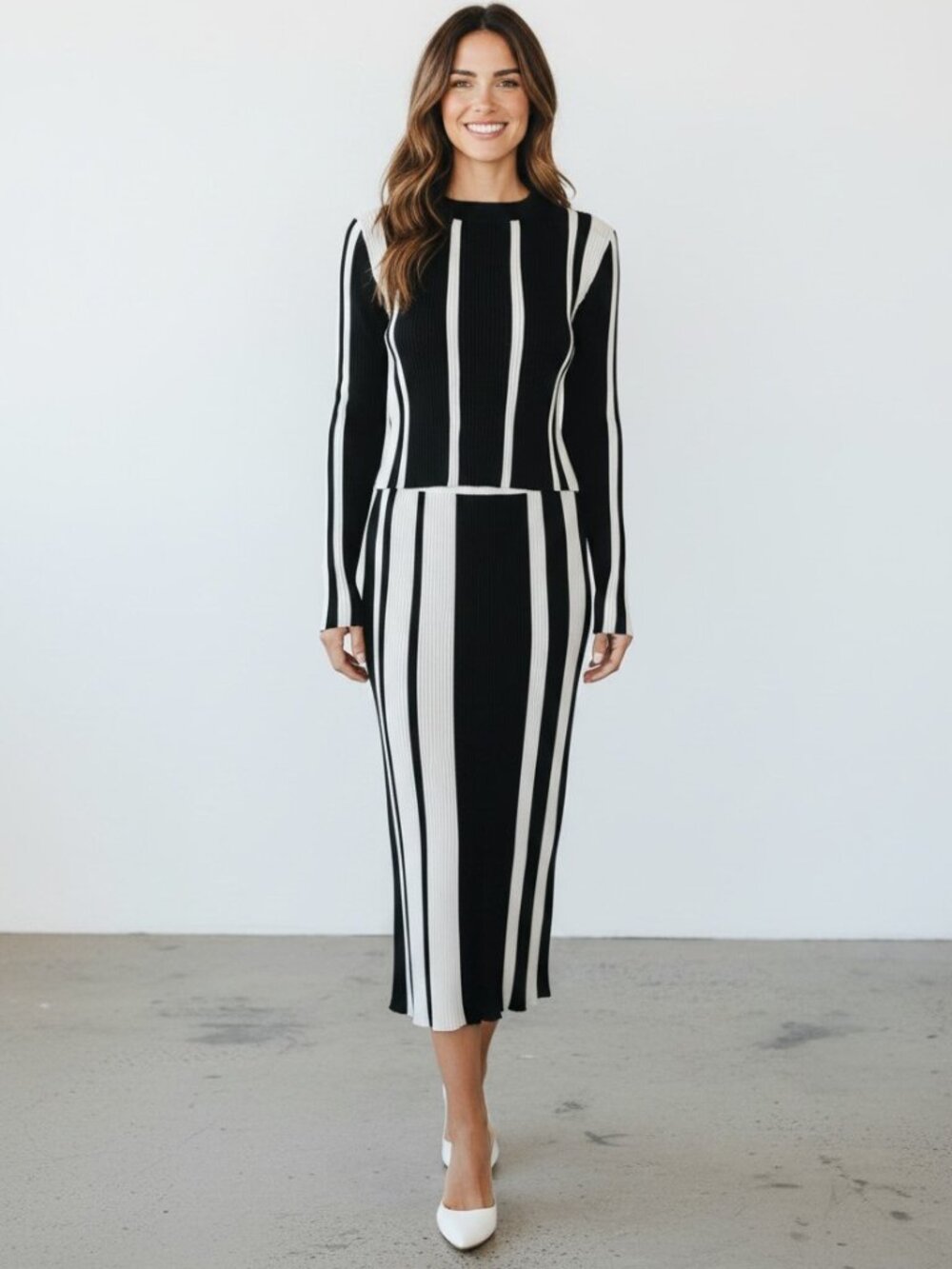 Lucy Paris 2 Piece Midi Skirt Set Womens L Black White Striped Rib Knit